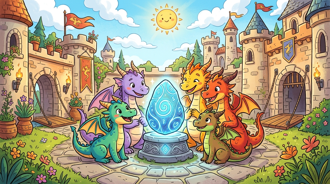 Dragon Masters gathering around the glowing Dragon Stone in Bracken Castle